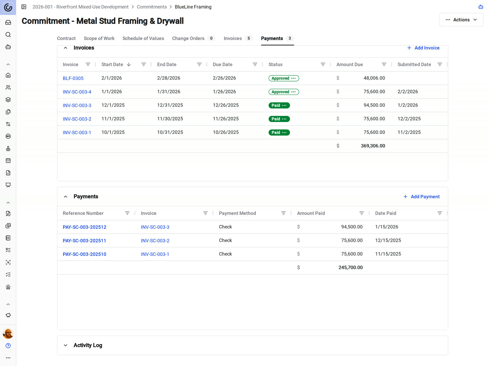 A commitment in Constructable listing its invoices with approved and paid statuses above the check payments recorded against them