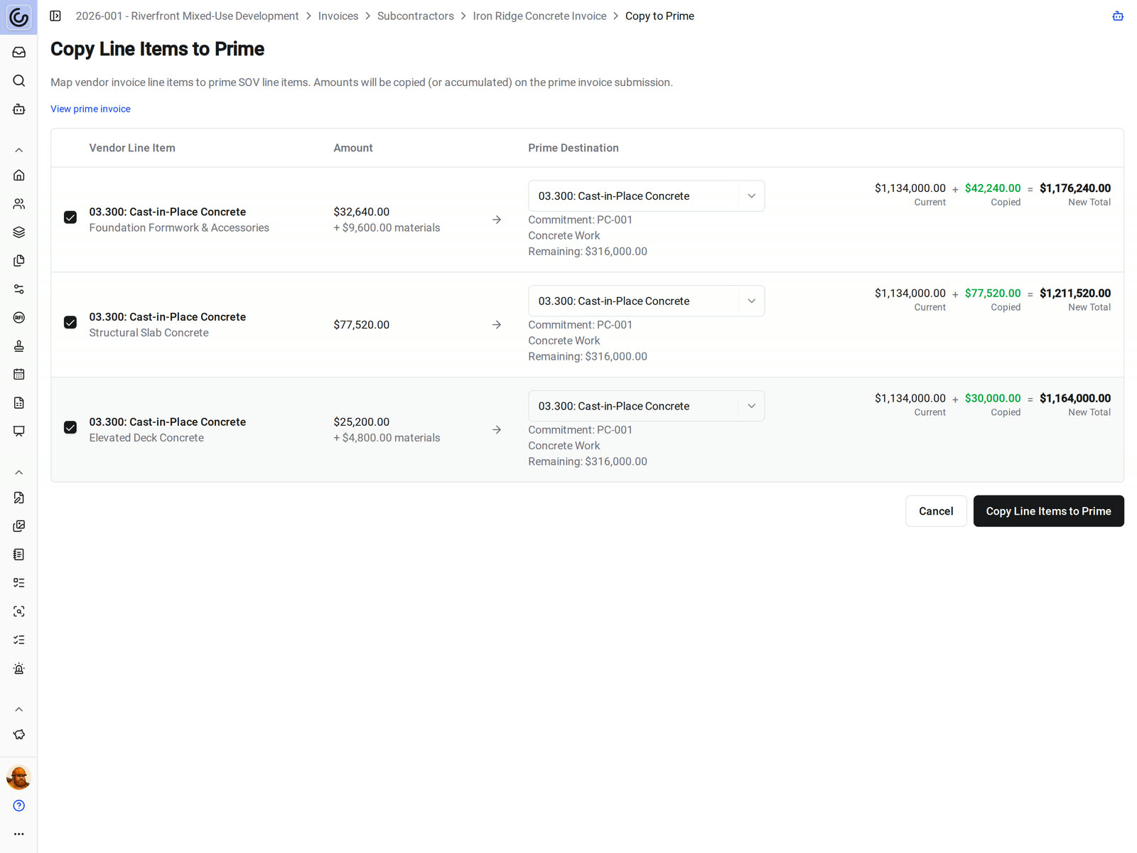 The Copy Line Items to Prime page in Constructable, mapping three concrete subcontractor invoice lines to the prime contract's Concrete Work line