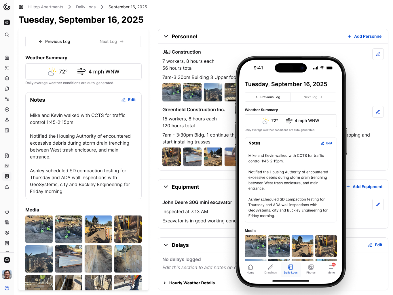 A screenshot of Constructable's Daily Logs feature, where users can add daily notes, photos, videos, personnel, equipment inspections, log employee hours, add any construction delays, and other relevant information, and then easily share it with the rest of the team.