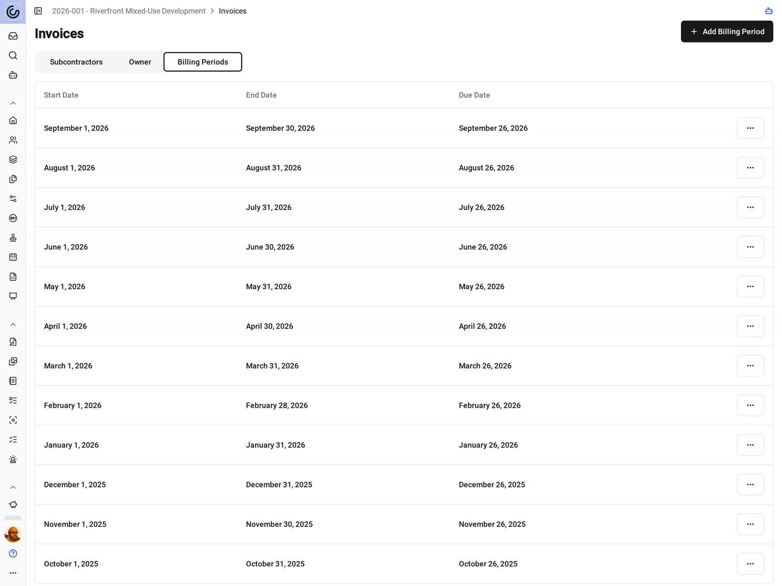 The Billing Periods tab of Invoices in Constructable, listing monthly periods with their start, end, and due dates