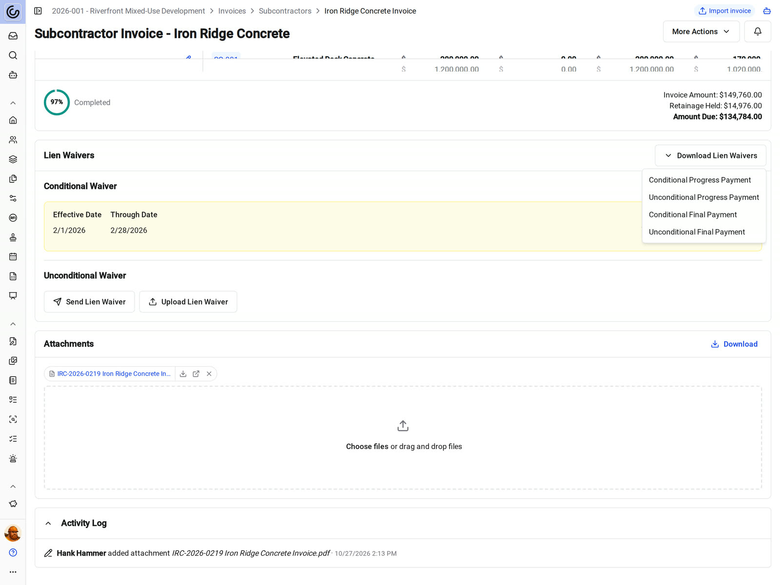 The Lien Waivers block on a subcontractor invoice in Constructable, with a conditional waiver out for signing and the Download Lien Waivers menu open