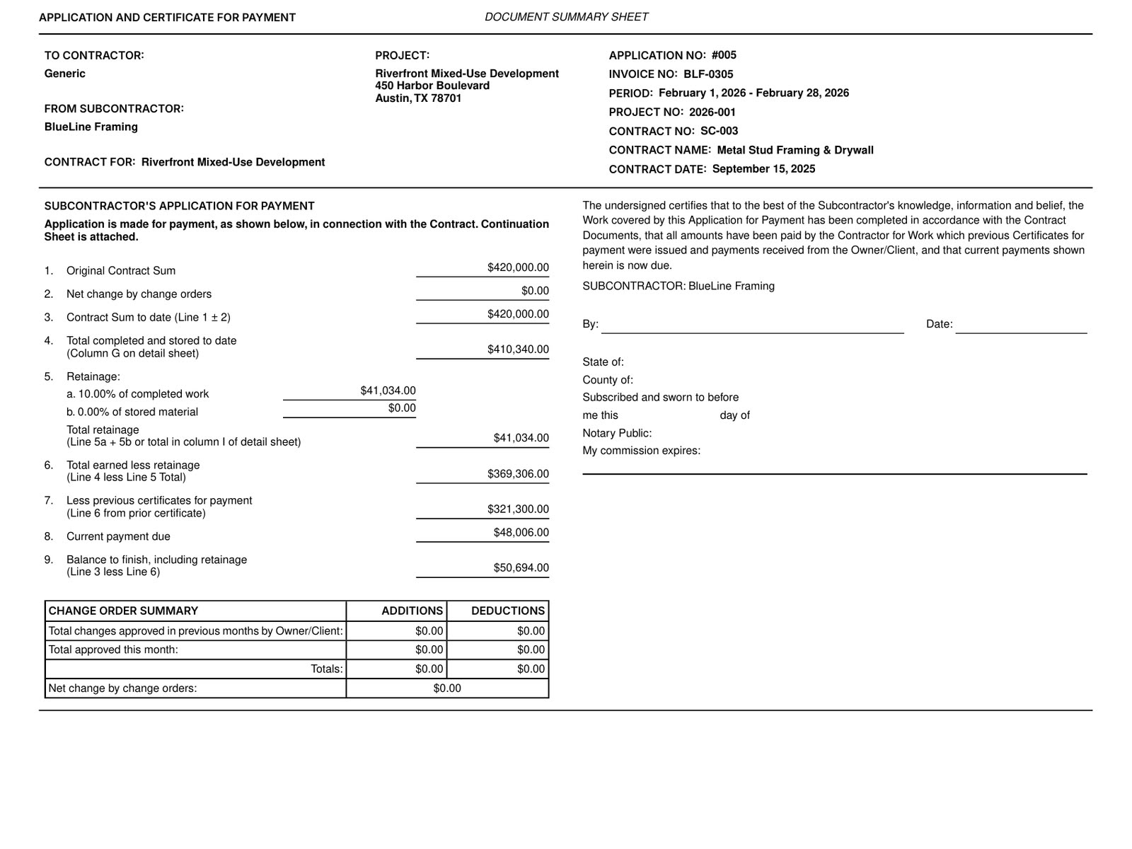 The summary sheet of a subcontractor payment application PDF from Constructable, with contract sum, work completed, retainage, and current payment due
