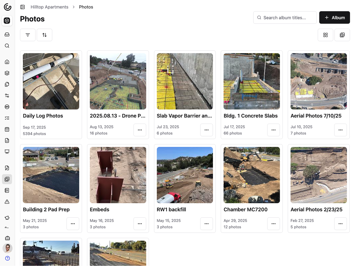 A screenshot of Constructable's photo albums feature, where users can organize photos into albums, and then easily share them with the rest of the team. Albums are represented with a thumbnail image and the number of photos in the album.