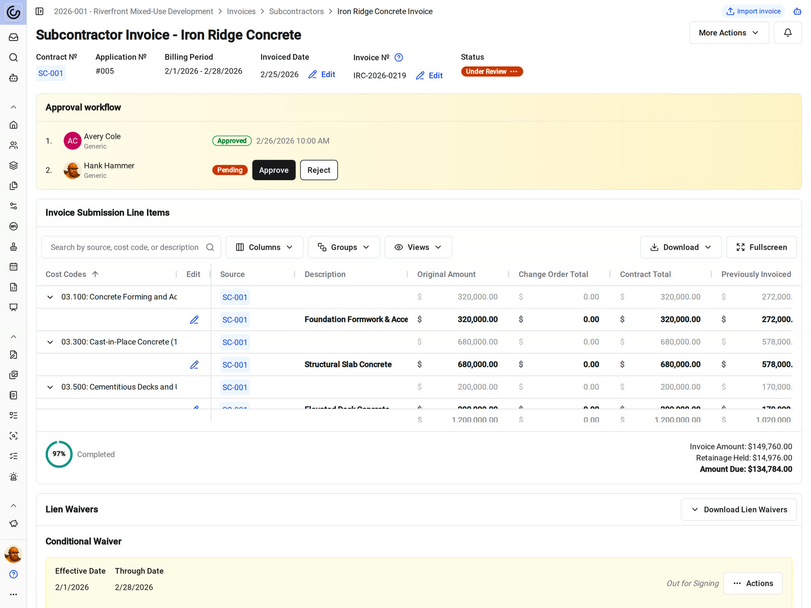 The approval workflow on a subcontractor invoice in Constructable, with the first step approved and the second step pending with Approve and Reject buttons