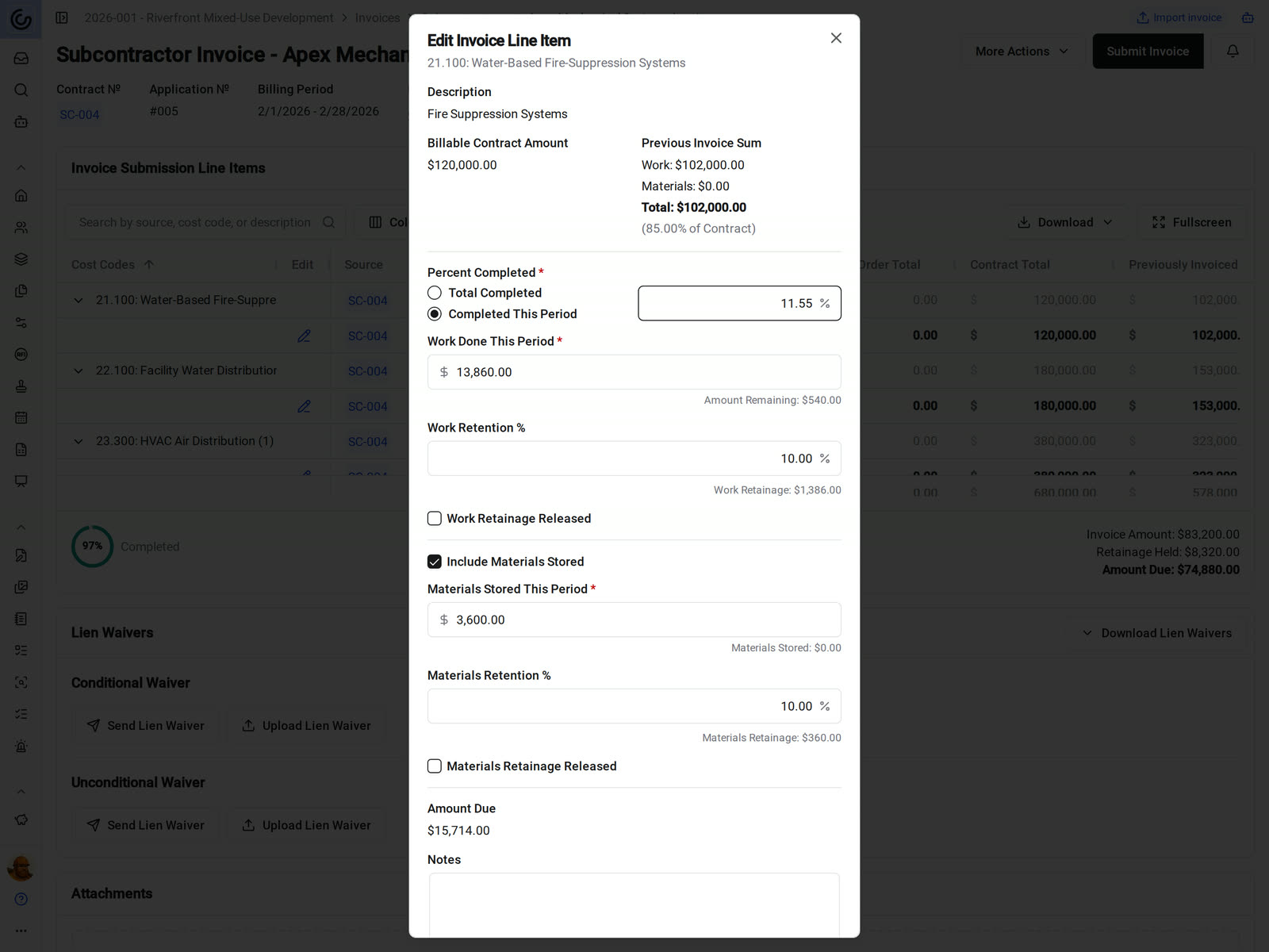 The Edit Invoice Line Item dialog in Constructable, showing work completed this period, retention, and materials stored on a fire suppression SOV line