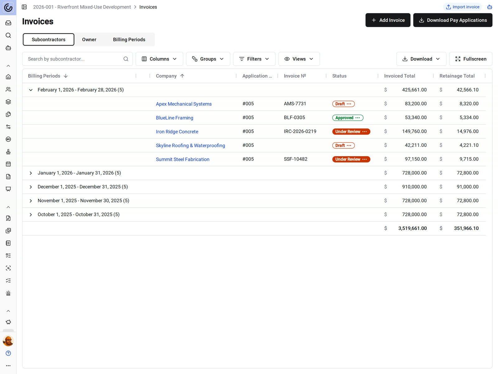 The Subcontractors tab of Invoices in Constructable, grouped by billing period, with draft, under review, and approved invoices for February